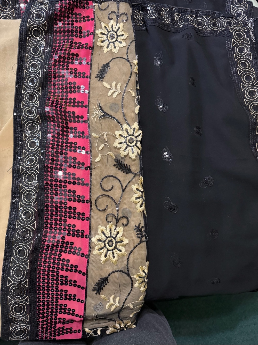 Embroidered Black & Gold Floral Saree with Pink Accent